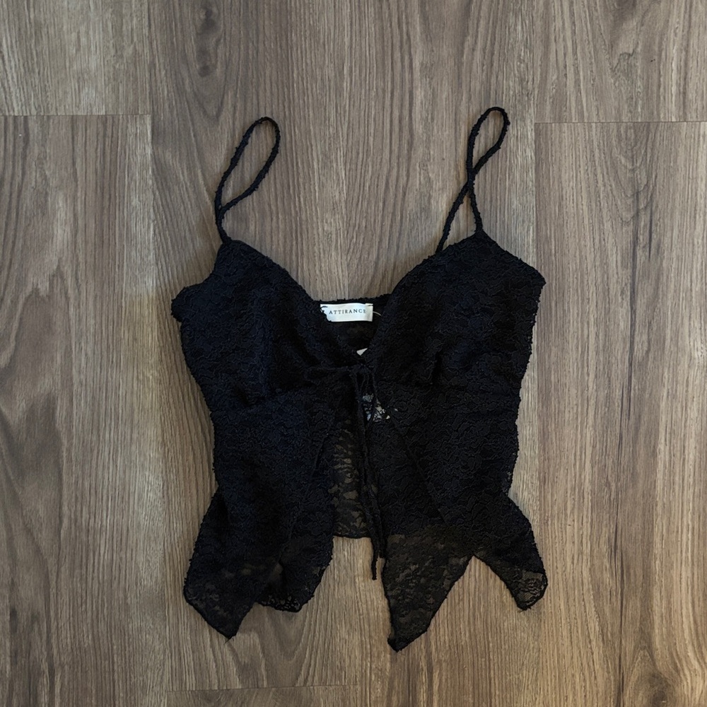 Black Lace Tie Front Top